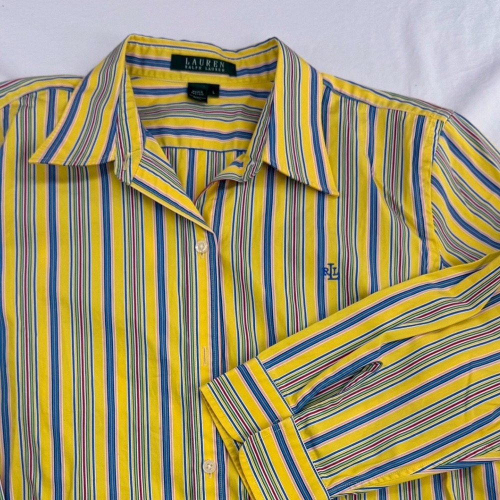 Lauren Ralph Lauren Womens Large Yellow Multi Stripe Cotton Button Down Shirt
